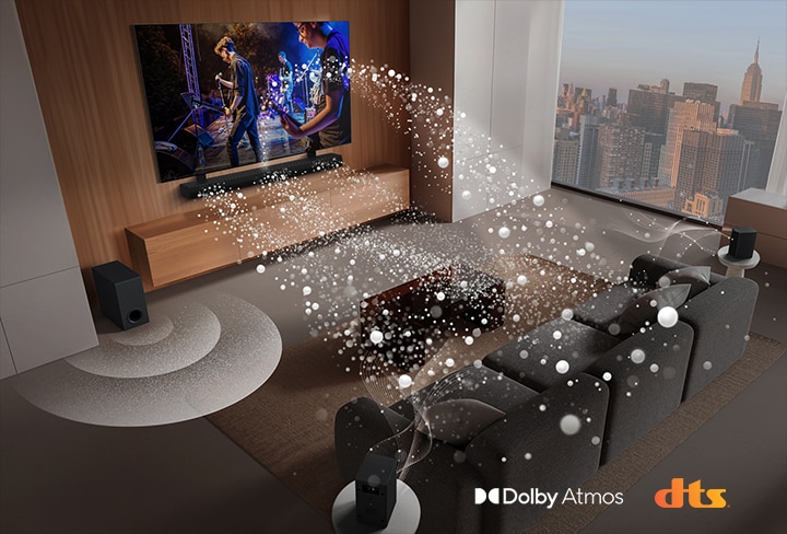 LG Soundbar, LG TV, rear speakers and a subwoofer are in a living room of a skyscraper, playing a musical performance. White soundwaves made up of droplets project from the soundbar, looping around the sofa. A subwoofer is creating a sound effect from the bottom. Dolby Atmos logo DTS logo