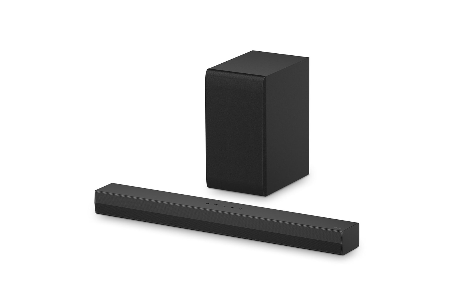 Angled view of LG Soundbar US40T and subwoofer