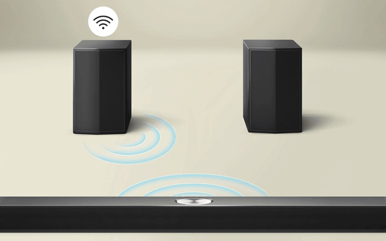 Rear speakers and Wireless Connectivity Box facing an LG Soundbar with blue curves illustrating connectivity bouncing between the box and soundbar. A black and white connectivity symbol is above the Wireless Connectivity Box. The box then fades away, and the blue curves illustrating connectivity bounce between the left rear speaker and soundbar. The black and white connectivity symbol is now above the rear speaker.