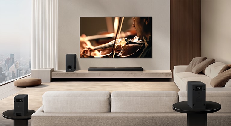 LG Soundbar, LG TV, a subwoofer and rear speakers are in a modern city apartment. The background gets dimmed, and the grid overlay appears over the image from LG TV, like a scan of the space. A dotted line extends from one of the rear speaker, to show the two rear speakers are in a linear fashion. White soundwaves made of droplets are coming out from the frontal perspective of the rear speakers.