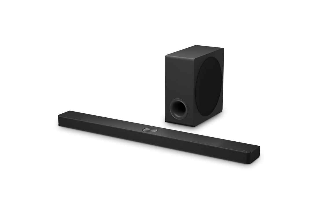 Angled view of LG Soundbar US90TY and subwoofer