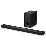 Angled view of LG Soundbar US90TY and subwoofer