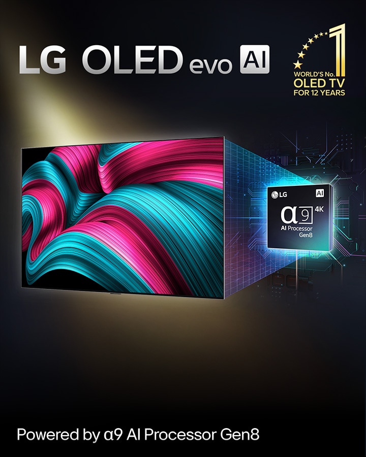 On the screen of an LG OLED evo AI TV is an abstract image with impressive detail, colour, and contrast. A magnified version of the alpha 9 AI Processor Gen8 is behind the TV. It glows with light illuminating the microchip circuits around it. The title reads LG OLED evo AI. Text is also visible, powered by LG alpha 9 AI Gen8 processor. A gold logo with stars is in the corner that reads, world's number one OLED TV for 12 years.