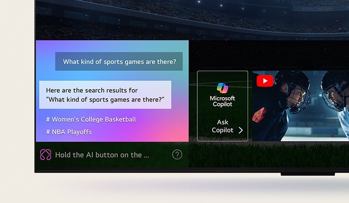 LG OLED TV screen showing how AI Search works. A small chat window is open showing how the user asked for what sports games are available. AI search responded via chat and by showing thumbnails of different available content. There is also a prompt to ask Microsoft Copilot. 