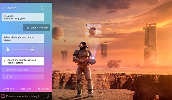Sci-fi content is playing on an LG OLED TV screen. On the left side of the screen is the AI Chatbot interface. The user messages the chatbot that the screen is too dark and the chatbot offers solutions to the request.