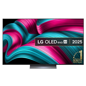 Front view of LG OLED evo AI C5 4K Smart TV. 12 Years of world number 1 OLED emblem and LG OLED evo AI 2025 logo are on the screen.