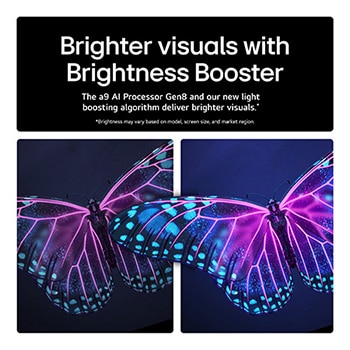 The alpha 9 AI Processor Gen8 lights up with different shades of blue and bolts of light shoot out from it highlighting its circuits. Performance statistics are visible. 1.7 times greater AI neural processing, NPU. 1.7 times faster operation, CPU. 2.1 times improved graphics, GPU.