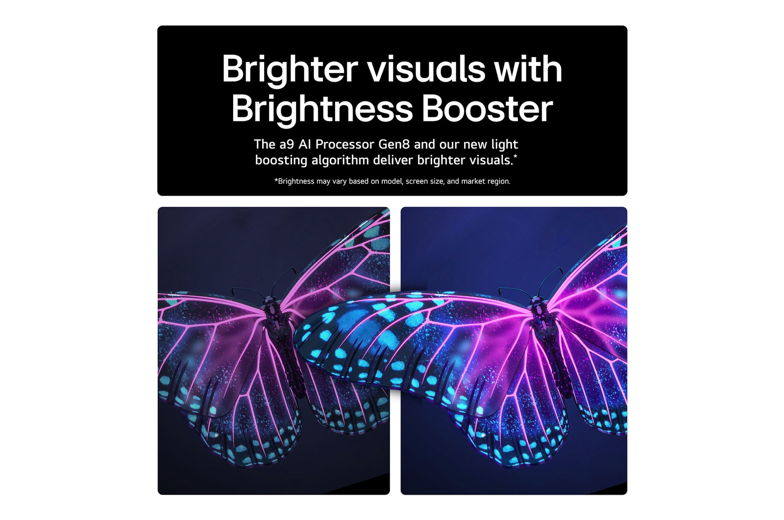 The alpha 9 AI Processor Gen8 lights up with different shades of blue and bolts of light shoot out from it highlighting its circuits. Performance statistics are visible. 1.7 times greater AI neural processing, NPU. 1.7 times faster operation, CPU. 2.1 times improved graphics, GPU.