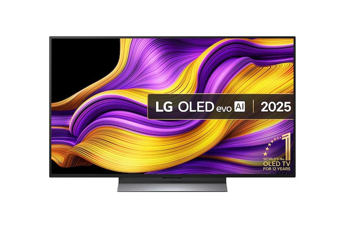 Front view of LG OLED evo AI G5 4K Smart TV. 12 Years of world number 1 OLED emblem and LG OLED evo AI 2025 logo are on the screen.