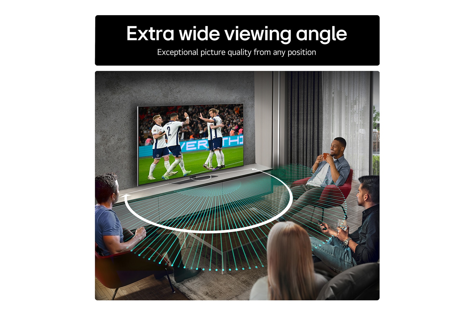 Living room space with a wall-mounted LG OLED TV. On the TV is a mountain range against a dark evening sky filled with stars. This scene is split in half. One side shows a duller, grayer version of the landscape labeled, Non Perfect Black display. On the other side is a more pleasing picture with a larger dynamic range of blacks and whites. This is labeled, Perfect Black display. Logo certification is also visible, Perfect Black Technology delivers black levels less than or equal to 0.24 nit up to 500 lux.