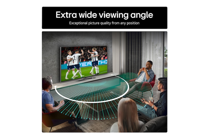 Living room space with a wall-mounted LG OLED TV. On the TV is a mountain range against a dark evening sky filled with stars. This scene is split in half. One side shows a duller, grayer version of the landscape labeled, Non Perfect Black display. On the other side is a more pleasing picture with a larger dynamic range of blacks and whites. This is labeled, Perfect Black display. Logo certification is also visible, Perfect Black Technology delivers black levels less than or equal to 0.24 nit up to 500 lux.