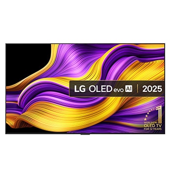 Front view of LG OLED evo AI G5 4K Smart TV. 12 Years of world number 1 OLED emblem and LG OLED evo AI 2025 logo are on the screen.