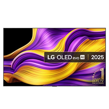 Front view of LG OLED evo AI G5 4K Smart TV. 12 Years of world number 1 OLED emblem and LG OLED evo AI 2025 logo are on the screen.