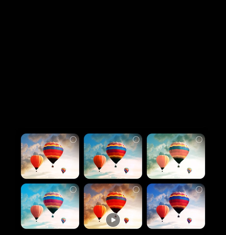 A gallery featuring 6 images of hot air balloons in the sky is shown. Two images are selected. Next, a gallery featuring 6 images of people blowing bubbles appears. 2 more are selected. A black screen appears with a pink and purple loading icon. A mystical landscape appears, and refinements appear gradually from left to right.