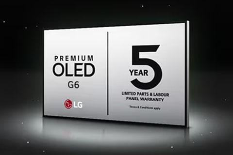 The LG OLED Care+ and 5 Year Panel Warranty logo against a black backdrop.