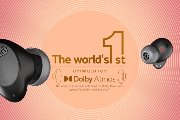 The black T90S earbuds are float in infinite space. On the left, it shows a front view of the left earbud. On the right, right earbud is shown. In the middle, Dolby Atmos earbuds logo is shown, and the sound graphics are placed next to it.