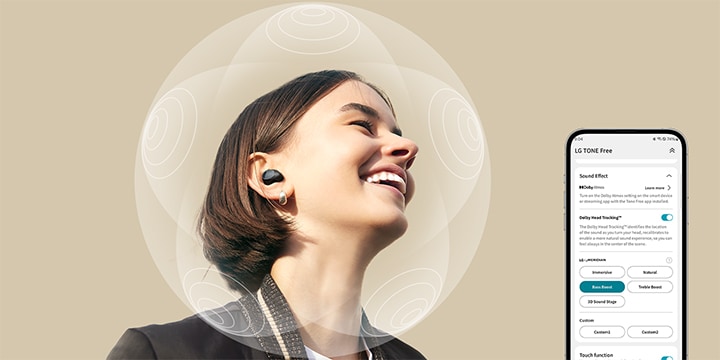 A woman wearing T90S smiles. A sound sphere is shown around her head to emphasize the spatial sound feature. On the right, a smartphone interface is shown to illustrate that this feature is available on the TONE Free app.