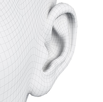 A rendering of an ear. A rendering of an ear with three black and white dots to show landmarking. A rendering of an ear with the earbud inside to show virtual fitting. A rendering of an ear with black dots and lines to show ergonomic analysis.