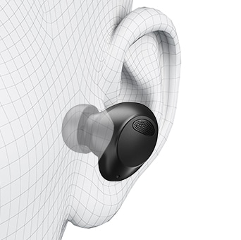 A rendering of an ear. A rendering of an ear with three black and white dots to show landmarking. A rendering of an ear with the earbud inside to show virtual fitting. A rendering of an ear with black dots and lines to show ergonomic analysis.