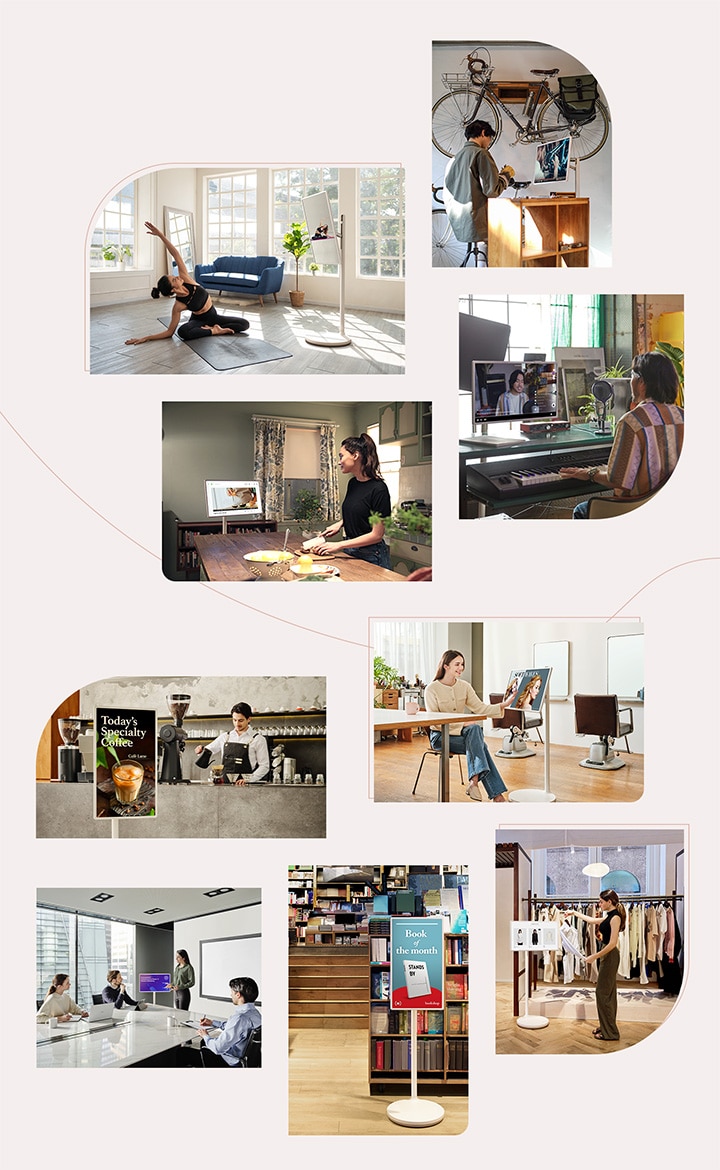 There are 9 collage of lifestyle images of people doing different activities while watching TV – a woman is doing yoga while watching yoga tutorial, one man is fixing his bike while watching tutorial, another man is streaming himself singing, and one woman is cooking while watching recipe video. Also there are 5 usage scenes at commercial spaces.