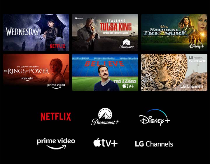 A poster of Wednesday from Netflix, Tulsa King from Paramount+, National Treasure from Disney+, The Rings of Power from Prime Video, Ted Lasso from Apple TV Plus, and a still from LG Channels with a leopard in the wild.