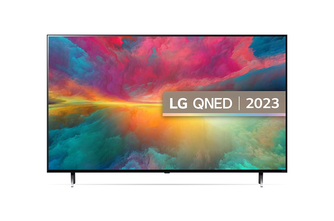 A front view of the LG QNED TV with infill image and product logo on