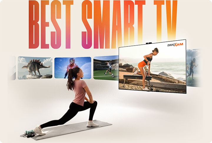 Dòng chữ “'SMART TV HÀNG ĐẦU” trong mẫu gradient màu vàng cam phía trên một người phụ nữ đang tập thể dục trên thảm đặt trước một chiếc LG TV. Các kênh khác nhau nằm trong đồ họa hình chữ nhật bo góc hiển thị bên cạnh LG TV. 