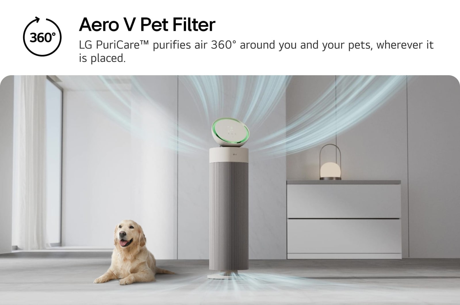 LG PuriCare 360° air purifier in a modern living room, next to a golden retriever. Text reads: 'Aero V Pet Filter: LG PuriCare purifies air 360° around you and your pets,' highlighting pet-friendly air purification.