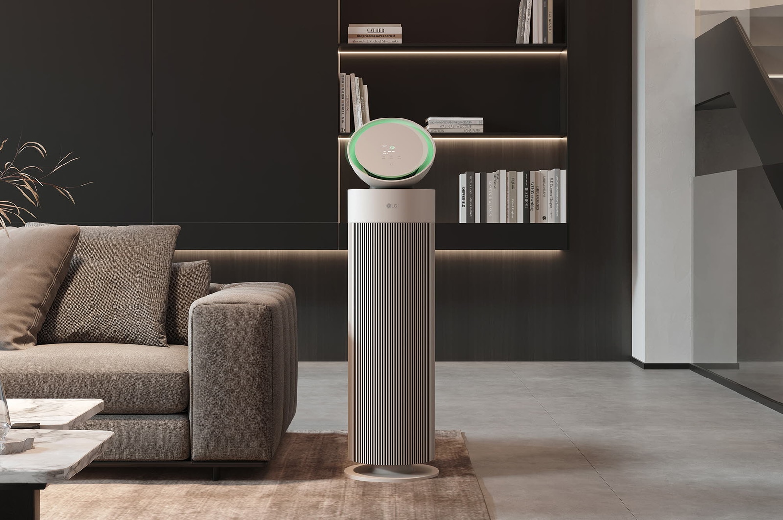 LG air purifier placed in a modern living room with a city view and minimalist furniture