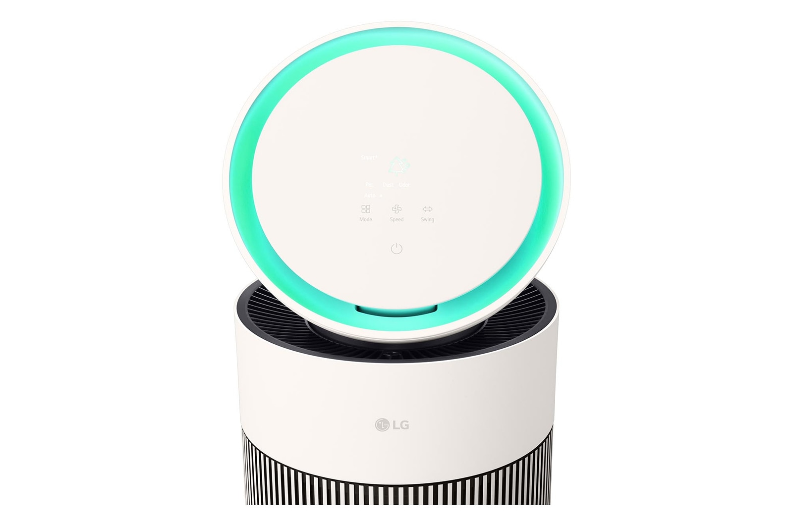 Close-up of LG air purifier's top display with a glowing air quality indicator light.