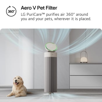 LG PuriCare 360° air purifier in a modern living room, next to a golden retriever. Text reads: 'Aero V Pet Filter: LG PuriCare purifies air 360° around you and your pets,' highlighting pet-friendly air purification.