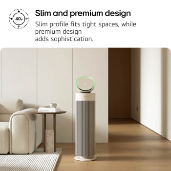 LG air purifier with a slim, modern design placed in a sophisticated living room with a beige sofa and bookshelf. Text reads: 'Slim and premium design: Slim profile fits tight spaces, while premium design adds sophistication,' emphasizing style and functionality.