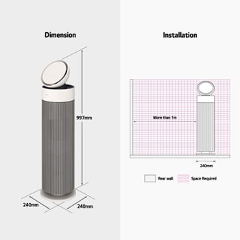 Diagram showing LG air purifier dimensions (997mm height, 240mm width) and installation guidelines requiring over 1m space from the rear wall.