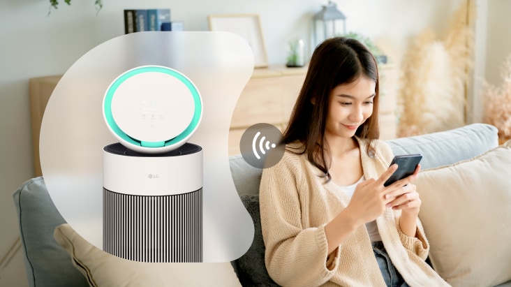  Máy lọc không khí LG kết nối Wi-Fi, cho phép điều khiển và giám sát dễ dàng qua ứng dụng LG ThinQ trên điện thoại.