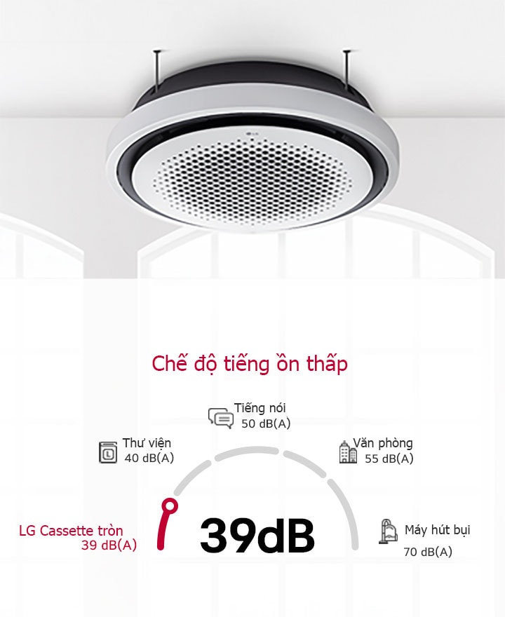 LG Cassette tròn lắp trên trần thư viện nổi bật với độ ồn thấp là 39 dB, yên tĩnh hơn so với thư viện ở mức 40 dB, lý tưởng cho các môi trường đòi hỏi độ nhiễu âm tối thiểu.