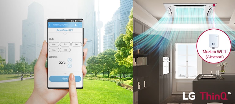 Hình ảnh bàn tay điều khiển điện thoại di động và hộp điều hòa 4 hướng được lắp trên trần nhà bếp với gió thổi ra.