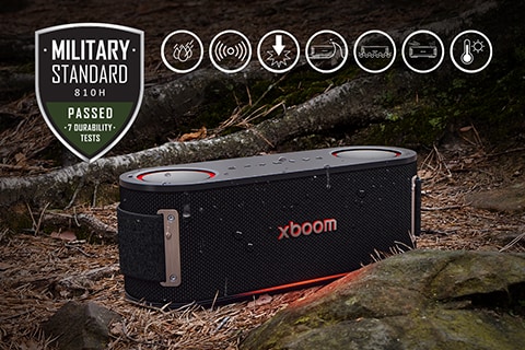 Các bộ phận bên trong của xboom Bounce, bao gồm loa woofer và tweeter, được hiển thị. Logo Peerless được đặt ở góc dưới bên phải.