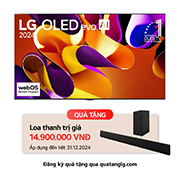 Hình ảnh mặt trước với TV LG OLED evo AI, OLED G4, Hình ảnh biểu tượng OLED 11 năm đứng đầu thế giới, logo webOS Re:New Program và logo Bảo hành tấm nền 5 năm trên màn hình, cùng với Soundbar ở bên dưới