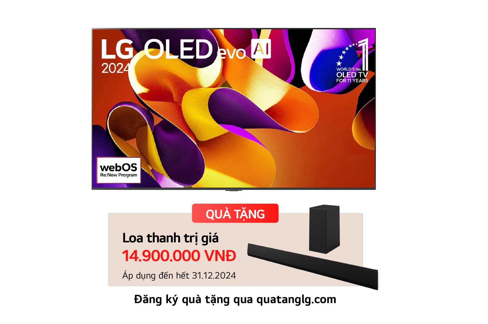 Hình ảnh mặt trước với TV LG OLED evo AI, OLED G4, Hình ảnh biểu tượng OLED 11 năm đứng đầu thế giới, logo webOS Re:New Program và logo Bảo hành tấm nền 5 năm trên màn hình, cùng với Soundbar ở bên dưới