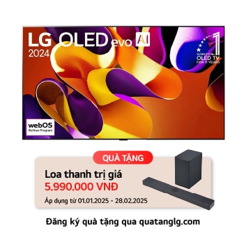 Hình ảnh mặt trước với TV LG OLED evo AI, OLED G4, Hình ảnh biểu tượng OLED 11 năm đứng đầu thế giới, logo webOS Re:New Program và logo Bảo hành tấm nền 5 năm trên màn hình