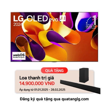 Hình ảnh mặt trước với TV LG OLED evo AI, OLED G4, Hình ảnh biểu tượng OLED 11 năm đứng đầu thế giới, logo webOS Re:New Program và logo Bảo hành tấm nền 5 năm trên màn hình, cùng với Soundbar ở bên dưới