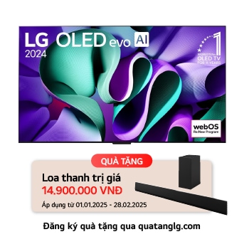 Hình ảnh mặt trước với TV LG OLED evo AI, OLED M4, Hình ảnh biểu tượng OLED 11 năm đứng đầu thế giới, logo webOS Re:New Program và Hộp kết nối không dây với khả năng truyền video và âm thanh 4K 144 Hz không dây tới TV và hình tín hiệu Wi-Fi phát ra từ hộp