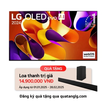 Hình ảnh mặt trước với TV LG OLED evo AI, OLED G4, Hình ảnh biểu tượng OLED 11 năm đứng đầu thế giới và logo webOS Re:New Program trên màn hình