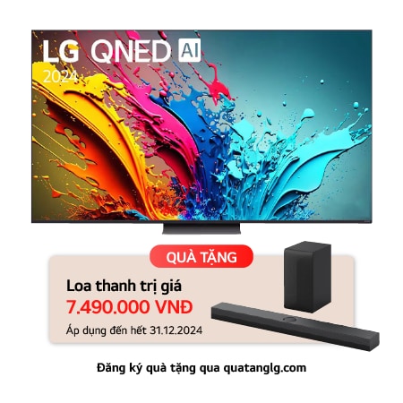 Mặt trước của TV LG QNED, QNED86 với dòng chữ của LG QNED MiniLED, 2024 và logo webOS Re:New Program trên màn hình