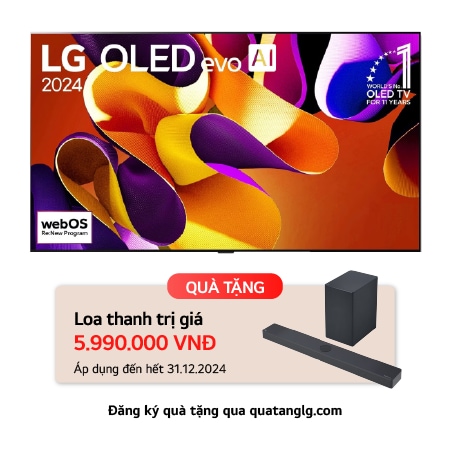 Hình ảnh mặt trước với LG OLED TV evo, OLED G4, Hình ảnh biểu tượng OLED 11 năm đứng đầu thế giới và logo Bảo hành bảng điều khiển 5 năm trên màn hình