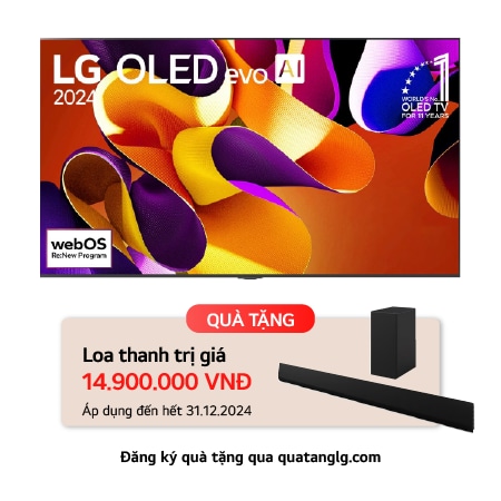 Hình ảnh mặt trước với LG OLED TV evo, OLED G4, Logo biểu tượng OLED 11 năm đứng đầu thế giới và logo Bảo hành bảng điều khiển 5 năm trên màn hình, cùng với Soundbar ở bên dưới