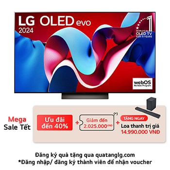 Hình ảnh mặt trước với TV LG OLED evo AI, OLED C4, Logo biểu tượng OLED 11 năm đứng đầu thế giới và logo webOS Re:New Program trên màn hình, cùng với Soundbar ở bên dưới