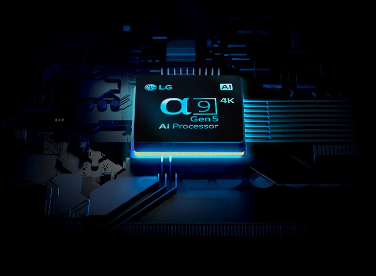Chip Bộ xử lý AI ⍺9 Thế hệ 5 4K của LG được thể hiện với các tia sáng phát ra từ bộ xử lý.