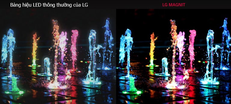 Đài phun nước trên sàn với các màu sắc khác nhau để thể hiện sự khác biệt giữa Bảng hiệu LED thông thường và MAGNIT của LG về tỷ lệ tương phản và sự khác biệt