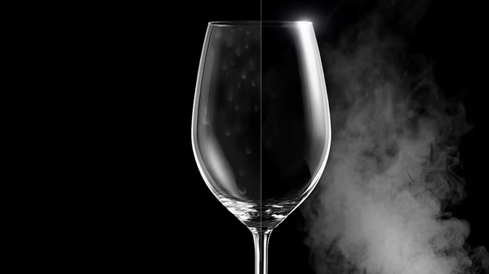Một ly rượu có vệt đốm nước ở một bên, còn mặt kia trong suốt và sạch sẽ sau khi rửa bằng hơi nước.
